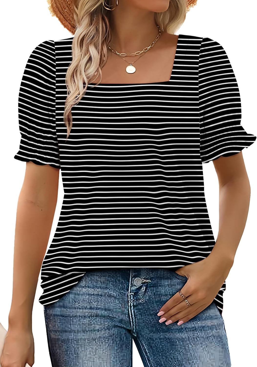✨Women's Square Neck  Smocked Sleeve T-Shirt Casual Top(BUY 3 FREE SHIPPING)