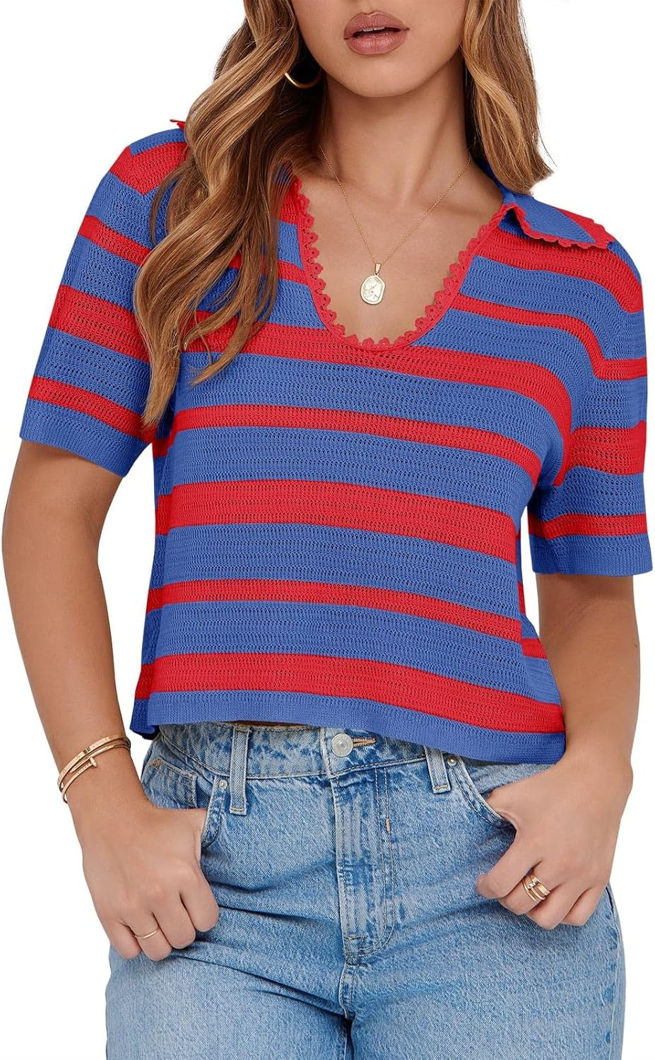 Women's Summer V Neck Collared Striped Short Sleeve Sweater Top(Buy 2 Free Shipping)