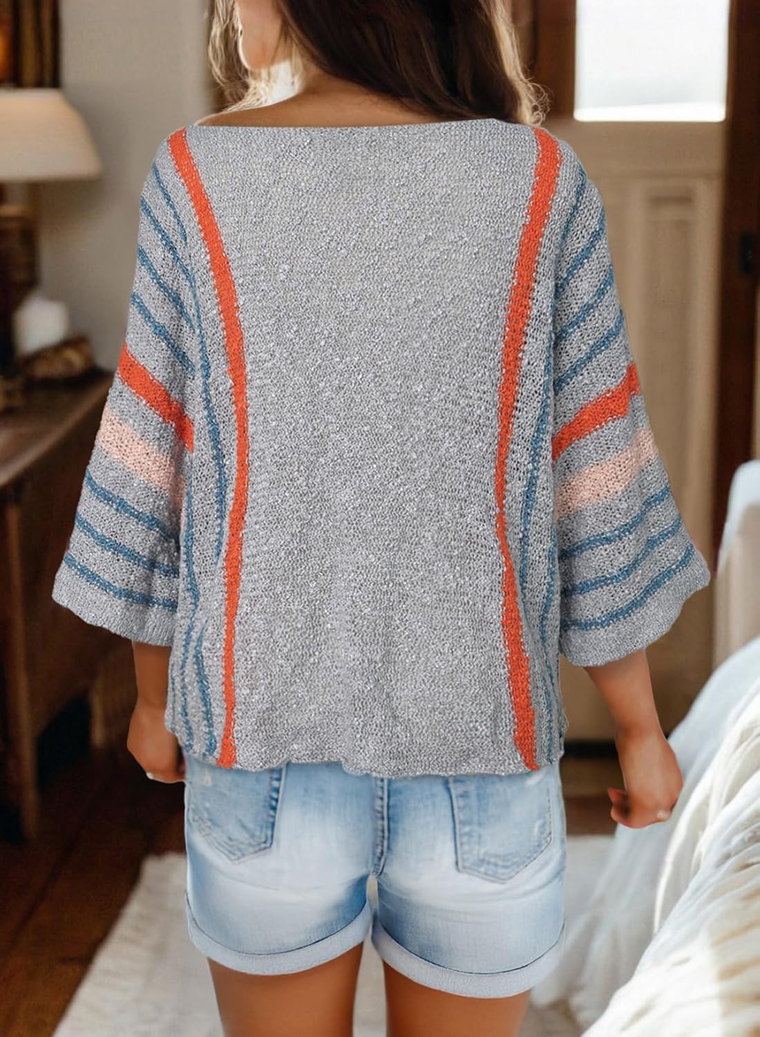 ✨Hot Sale-Women's Casual Color Block Striped Cable Knit Boho Sweater(Buy 2 Free Shipping)
