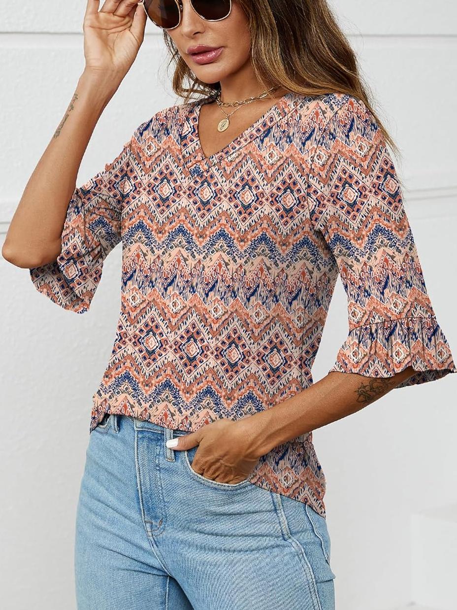 ✨Womens 3/4 Length Sleeve V-Neck Eyelet Casual Ruffle Sleeve Tunic Blouses(Buy 3 Free Shipping)