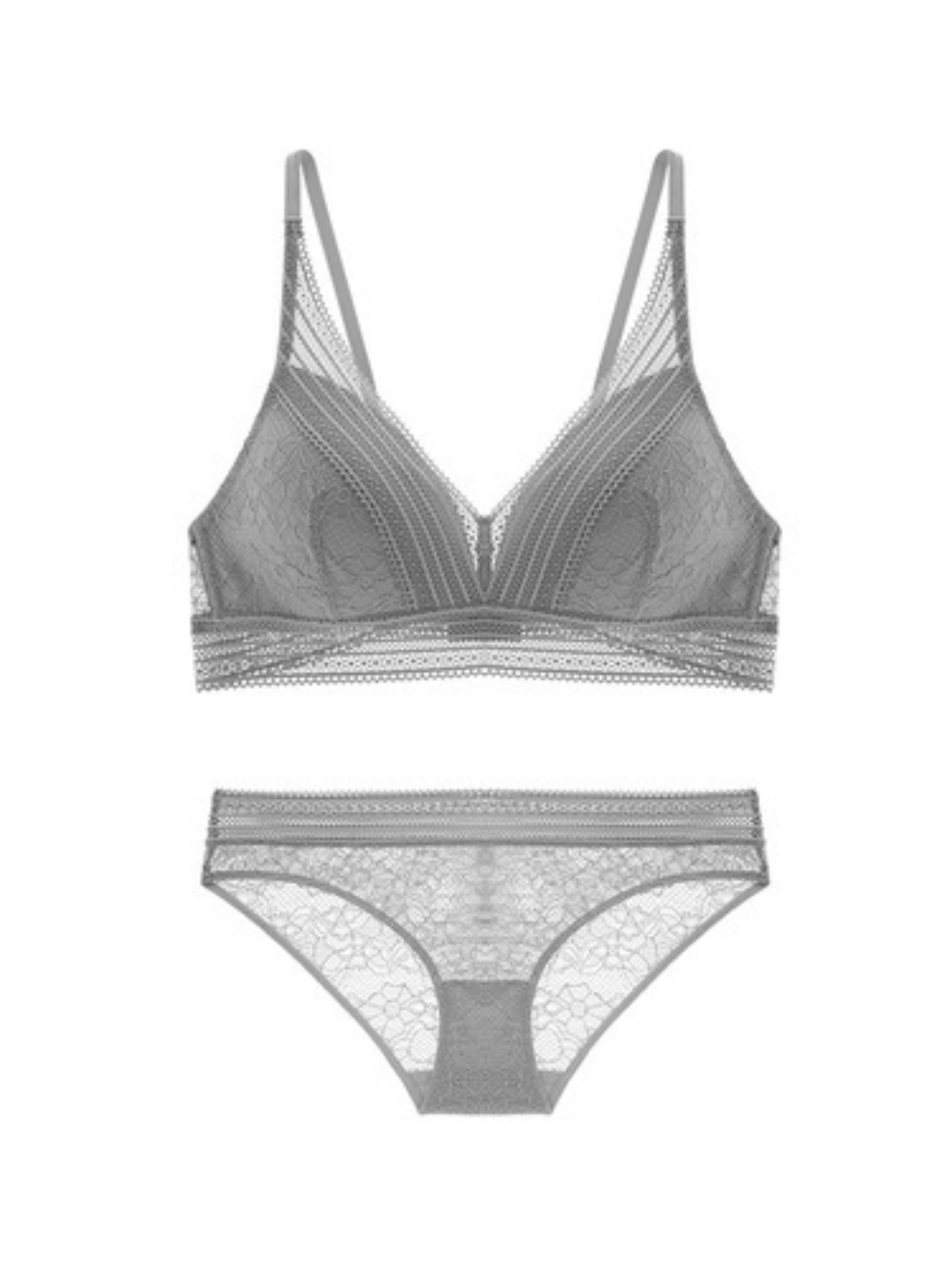 Semi-sheer Lace Scoop Bras, Comfort Wireless Everyday Bra Set Grey