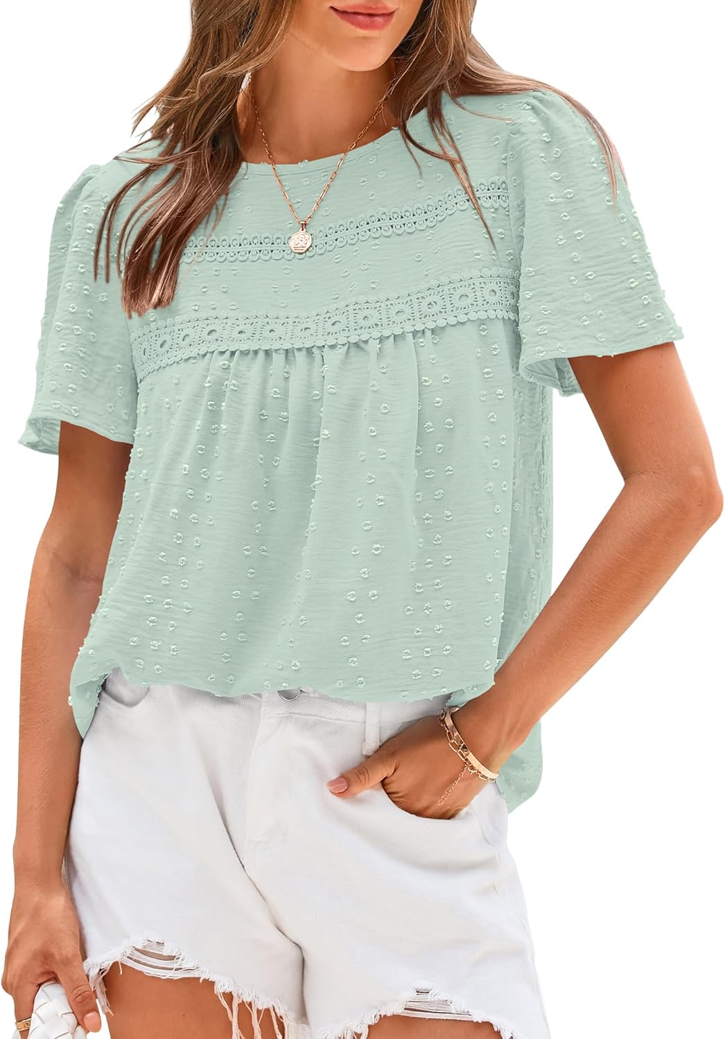 ✨Women's Swiss Dot Lace Crochet Crewneck Boho Short Sleeves(Buy 2 Free Shipping)