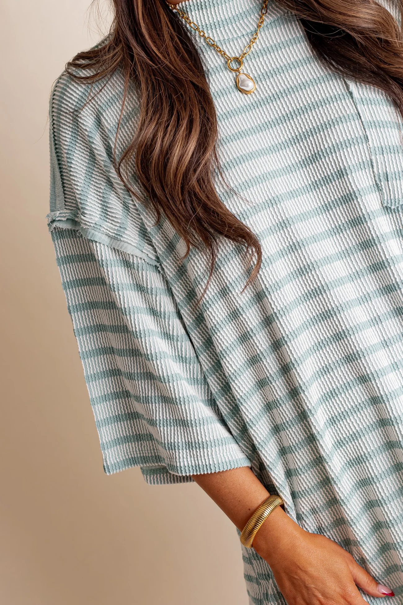 Women's 2025 Spring New Ribbed Striped Crew Neck Pocket Top(Buy 2 Free Shipping)