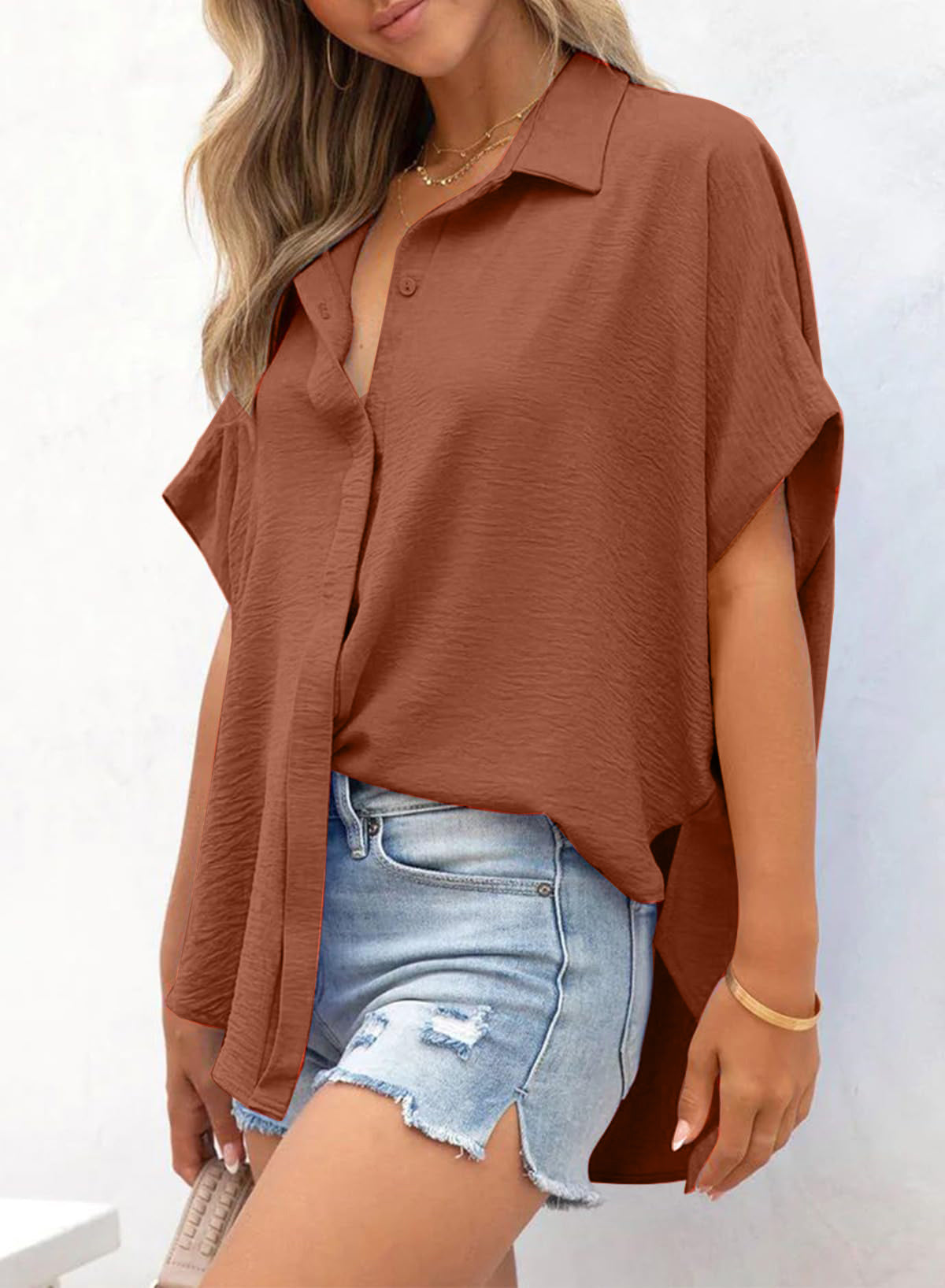 ✨Women's Casual Button Short Sleeve Slit Hem Shirt Solid Color Tops(BUY 3 FREE SHIPPING)