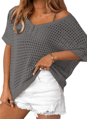 ✨Womens Summer V Neck Short Sleeve Button Down Sweater Casual Crochet Hollow Out Knit Tops Beach Coverup (Buy 2 Free Shipping!!!)