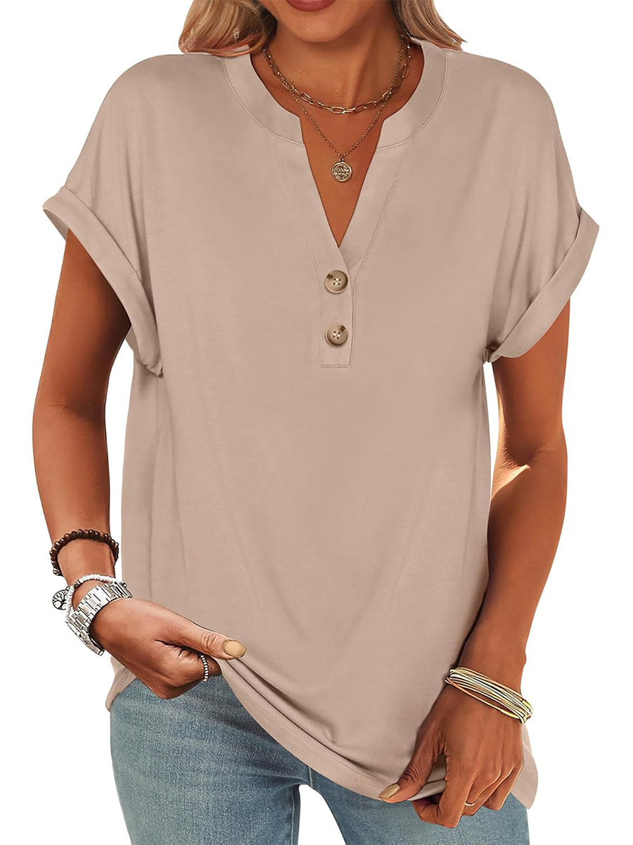 ✨Women's V Neck Button Casual Loose Fit Short Sleeve Henley Tops(buy 3 free shipping)