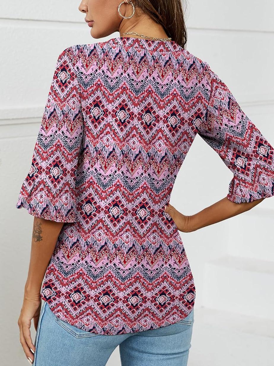 ✨Womens 3/4 Length Sleeve V-Neck Eyelet Casual Ruffle Sleeve Tunic Blouses(Buy 3 Free Shipping)