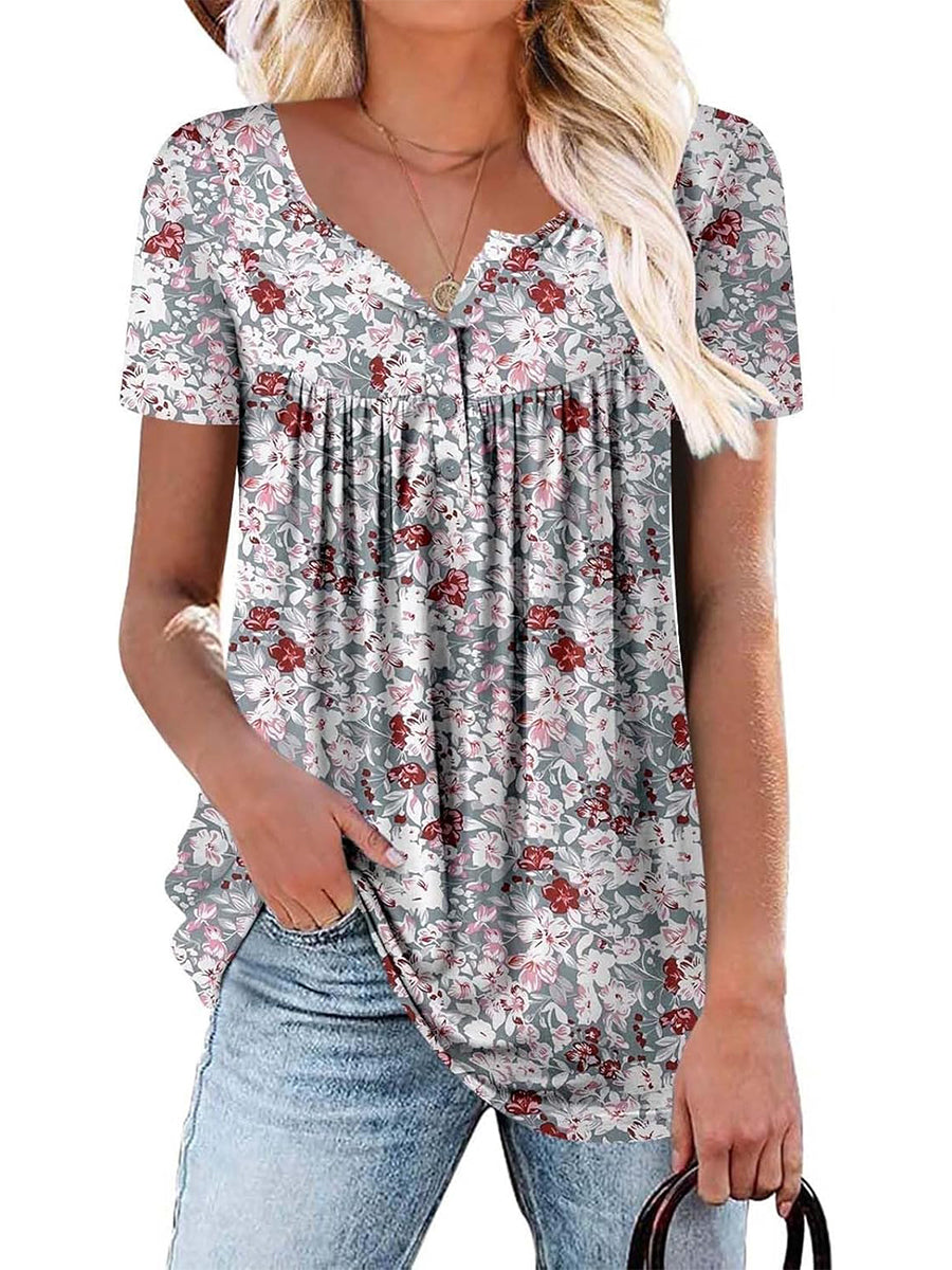 ✨Women's Printed Botton Down Pleated Short Sleeve Shirts Tunic Tops