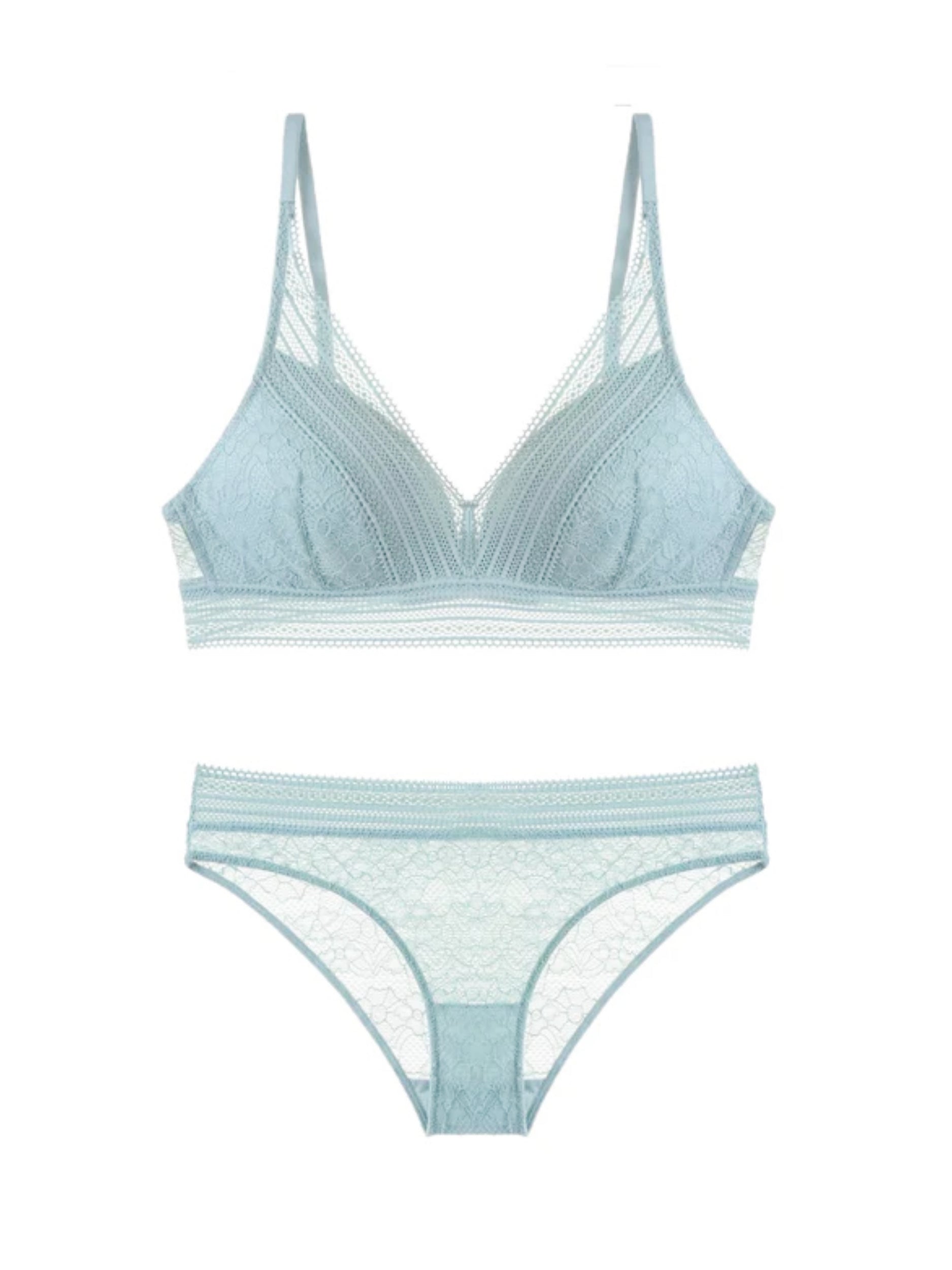 Semi-sheer Lace Scoop Bras, Comfort Wireless Everyday Bra Set Blue