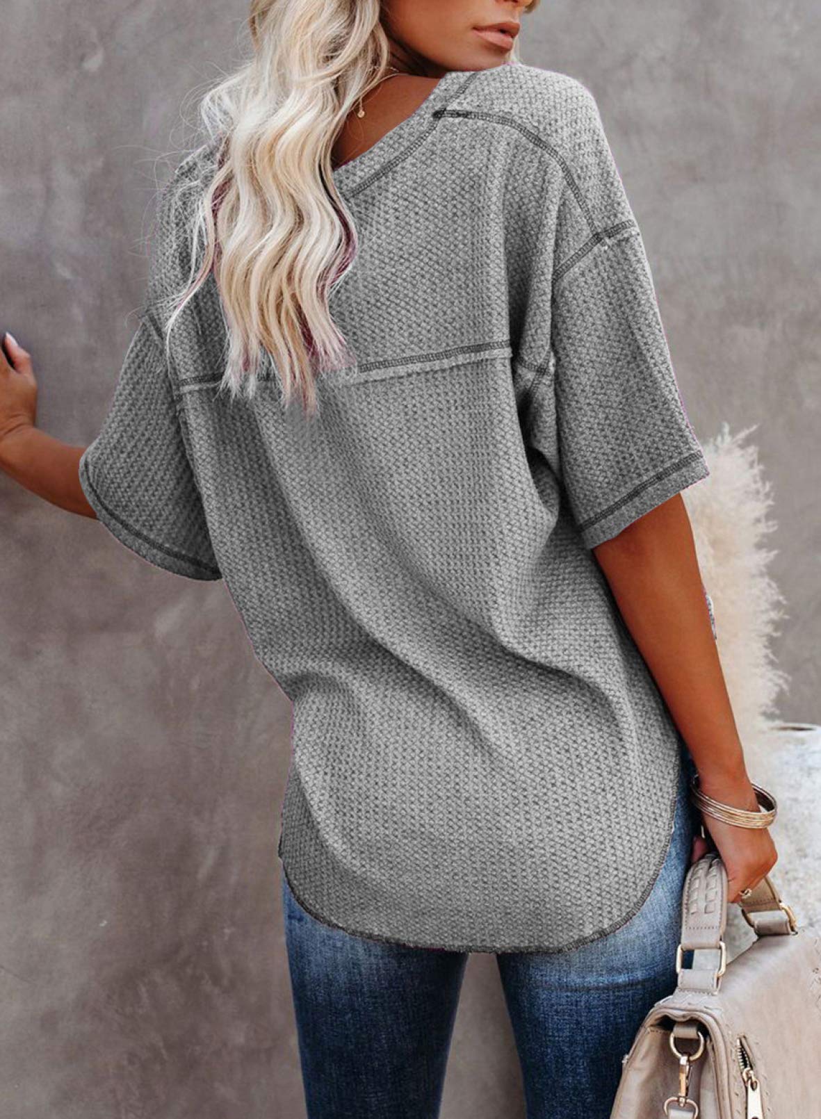 ✨Women's Causual V Neck Short Sleeve Shirts Waffle Knit Loose Tunic Tops(buy 3 free shipping)