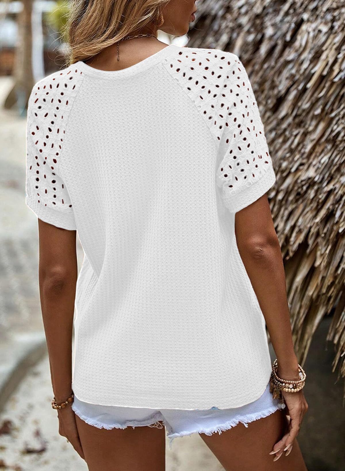 ✨Women's Casual Crew Neck Hollow Out Raglan Short Sleeve Waffle Knit Tops(buy 3 free shipping)