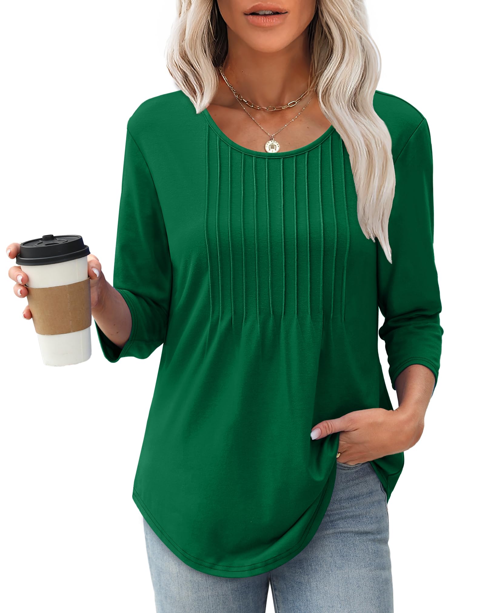 ✨Women's 3/4 Length Sleeve Crewneck Casual Pleated Tunic Tops(buy 3 free shipping)