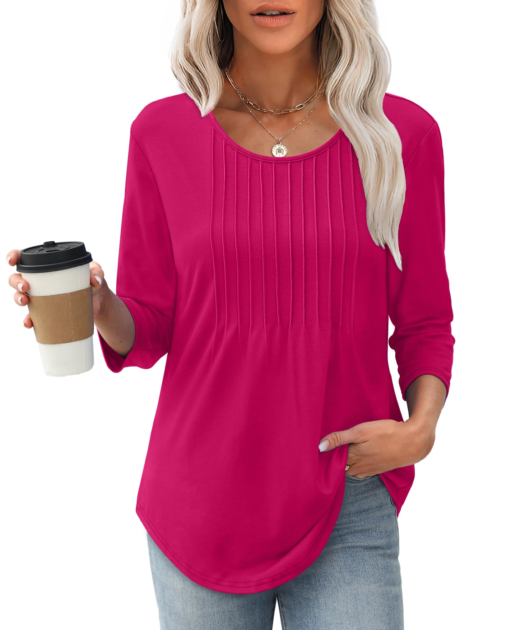 ✨Women's 3/4 Length Sleeve Crewneck Casual Pleated Tunic Tops(buy 3 free shipping)