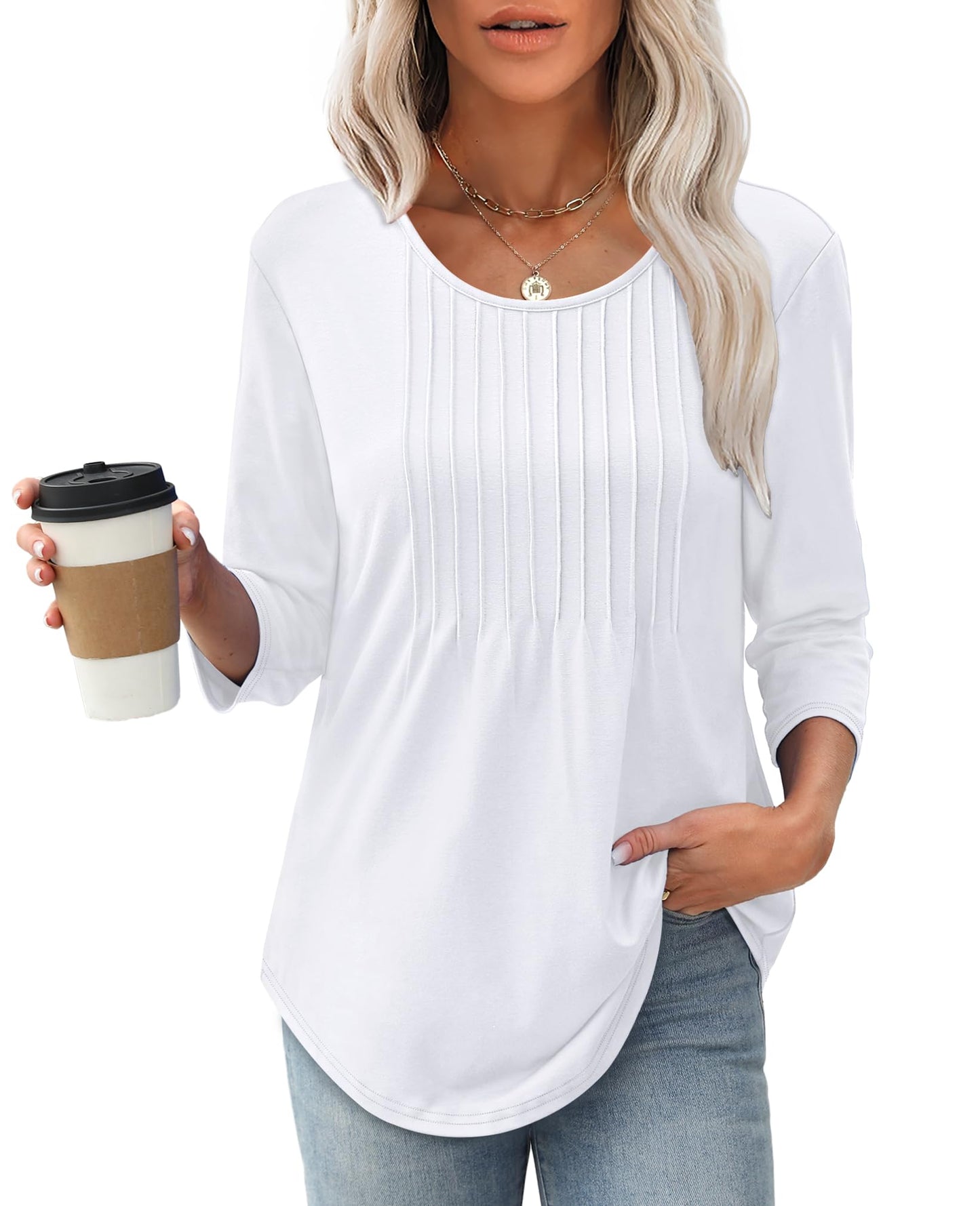 ✨Women's 3/4 Length Sleeve Crewneck Casual Pleated Tunic Tops(buy 3 free shipping)