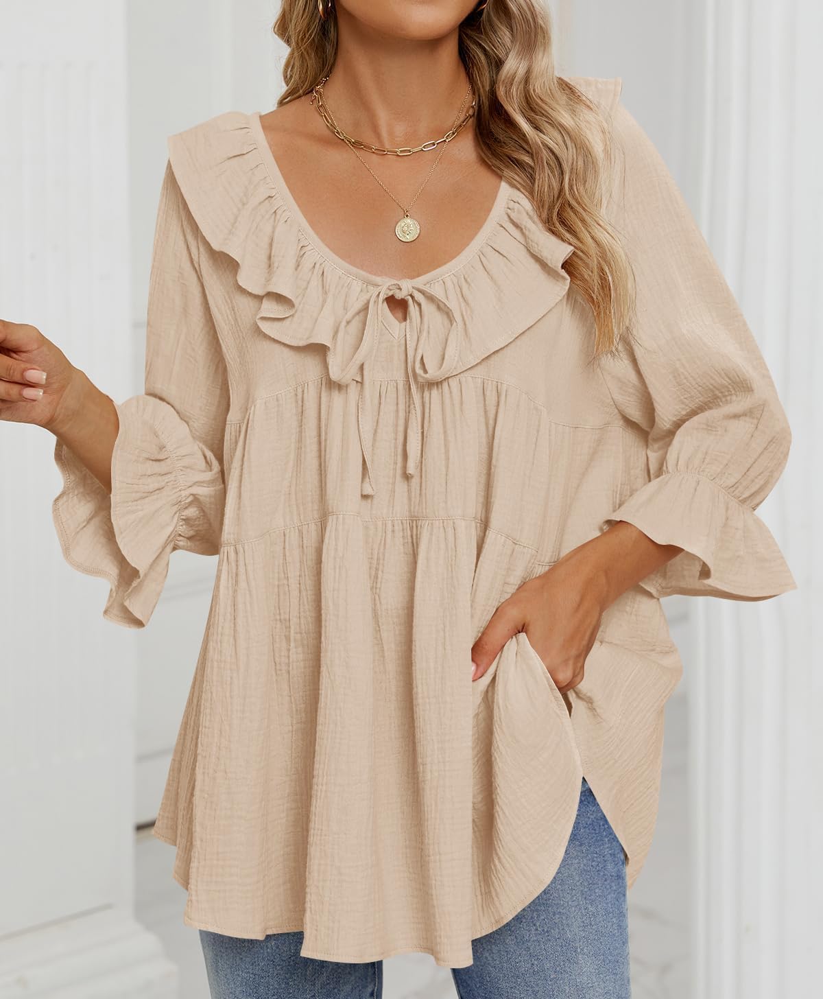 ✨2025 New Women’s Scoop Neck 3/4 Length Sleeve Tie Front Ruffle Tiered Tunic Shirts(buy 2 free shipping)