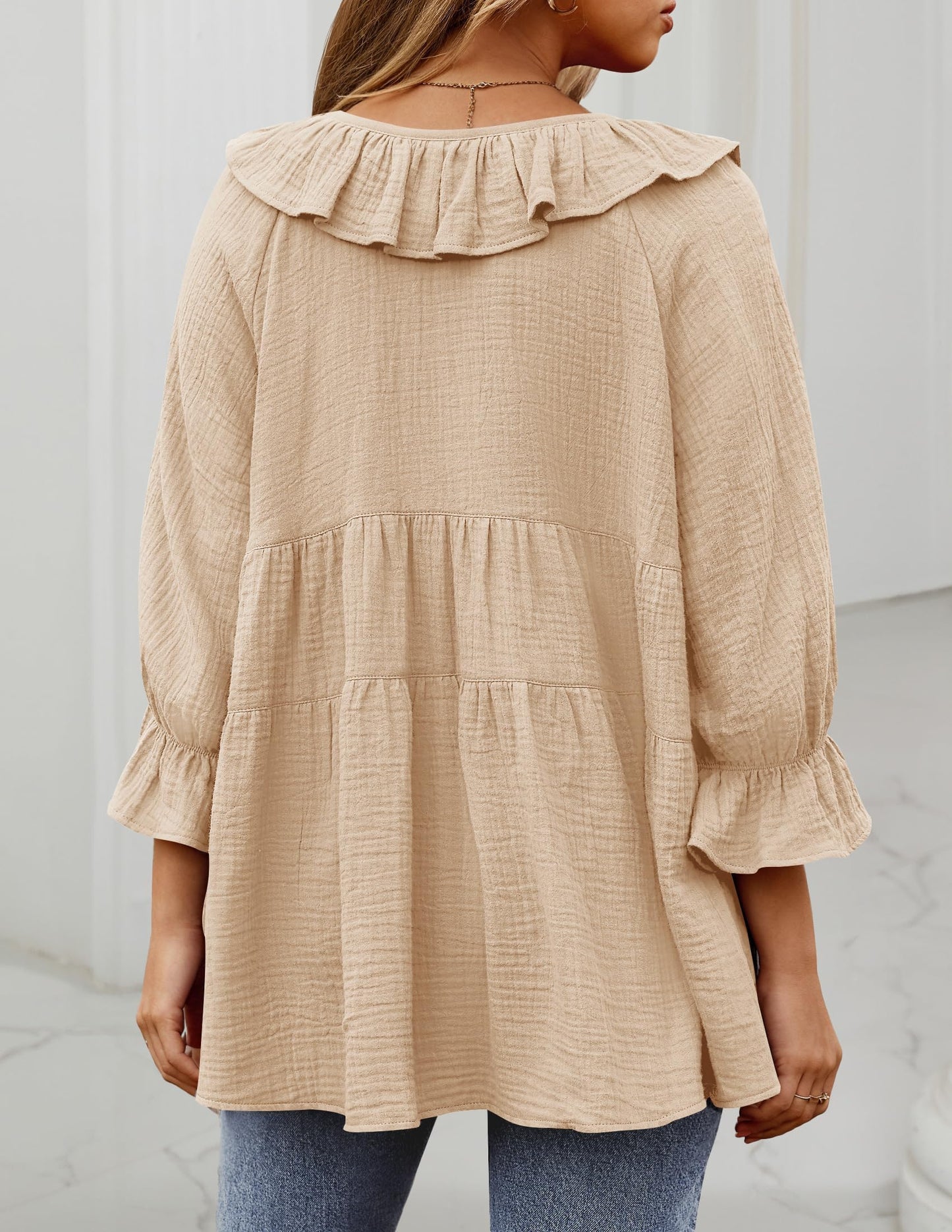 ✨2025 New Women’s Scoop Neck 3/4 Length Sleeve Tie Front Ruffle Tiered Tunic Shirts(buy 2 free shipping)