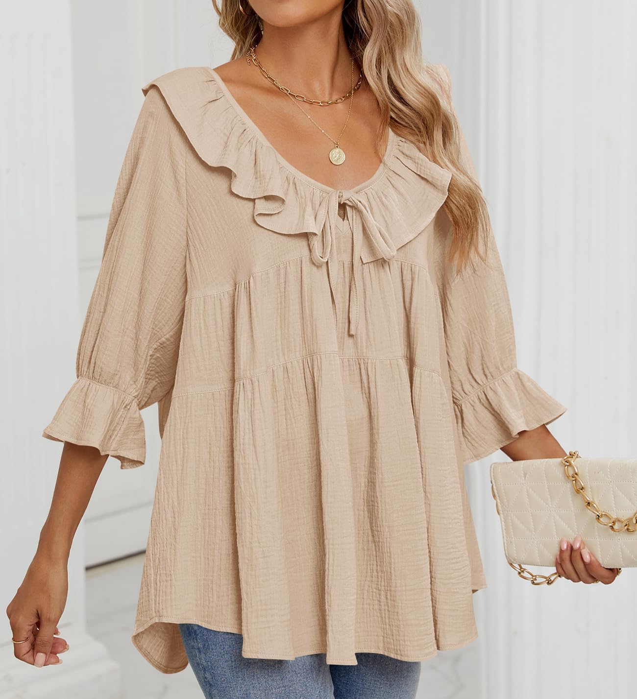 ✨2025 New Women’s Scoop Neck 3/4 Length Sleeve Tie Front Ruffle Tiered Tunic Shirts(buy 2 free shipping)
