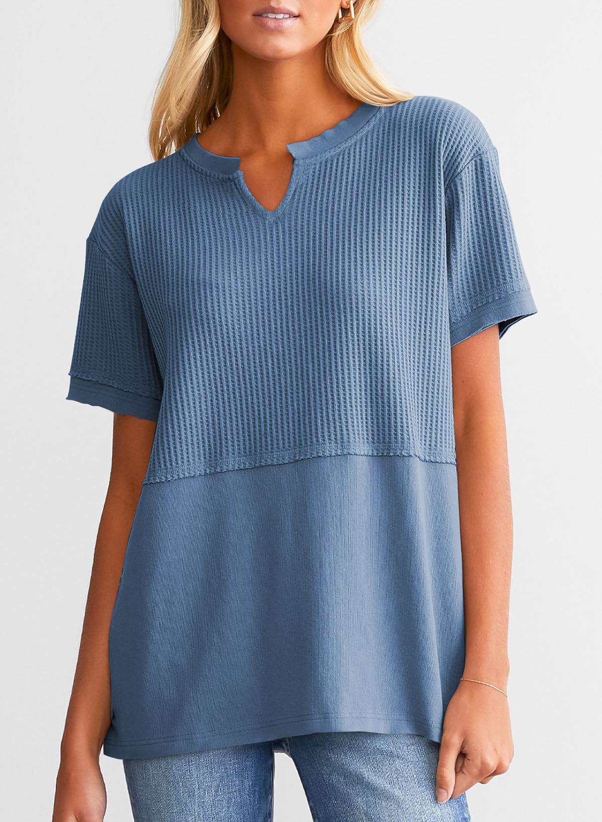 ✨Women's Casual V Neck Waffle Knit Tops Short Sleeve T Shirts(Buy 2 Free Shipping)