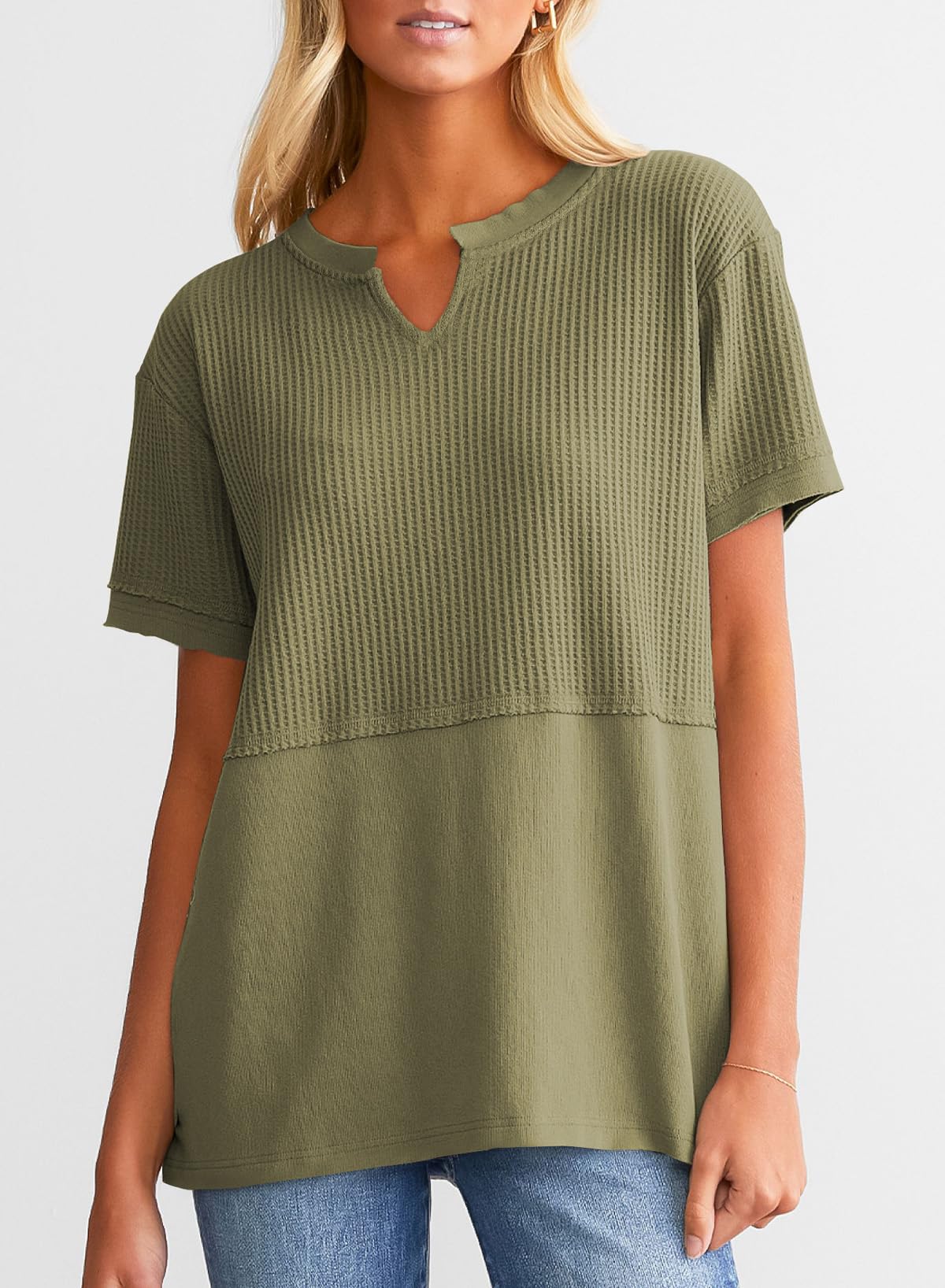 ✨Women's Casual V Neck Waffle Knit Tops Short Sleeve T Shirts(Buy 2 Free Shipping)