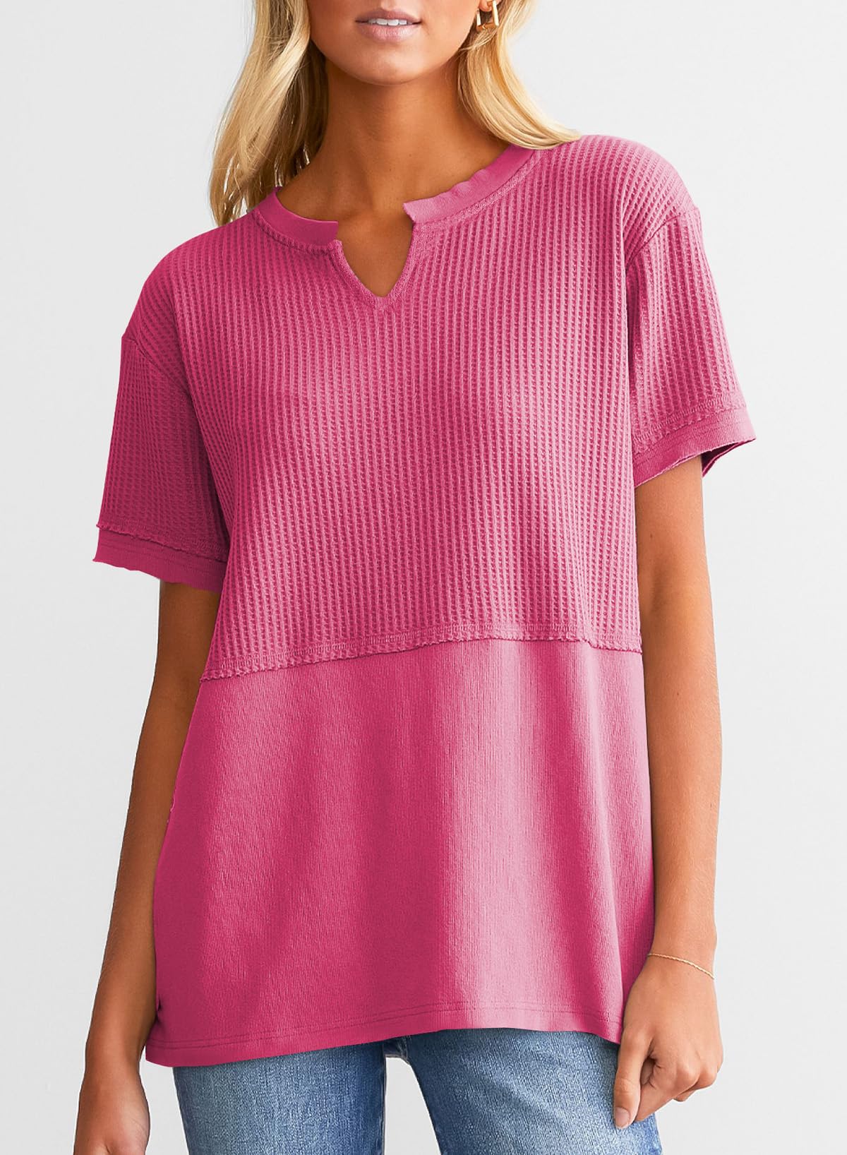 ✨Women's Casual V Neck Waffle Knit Tops Short Sleeve T Shirts(Buy 2 Free Shipping)