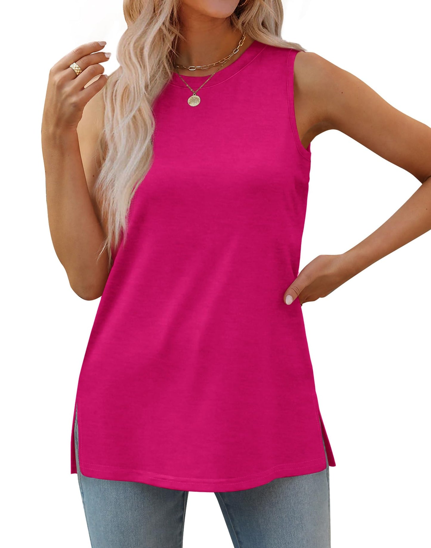 ✨Womens Crewneck Loose Fit Side Split  Basic Casual Summer Tank Tops(buy 3 free shipping)