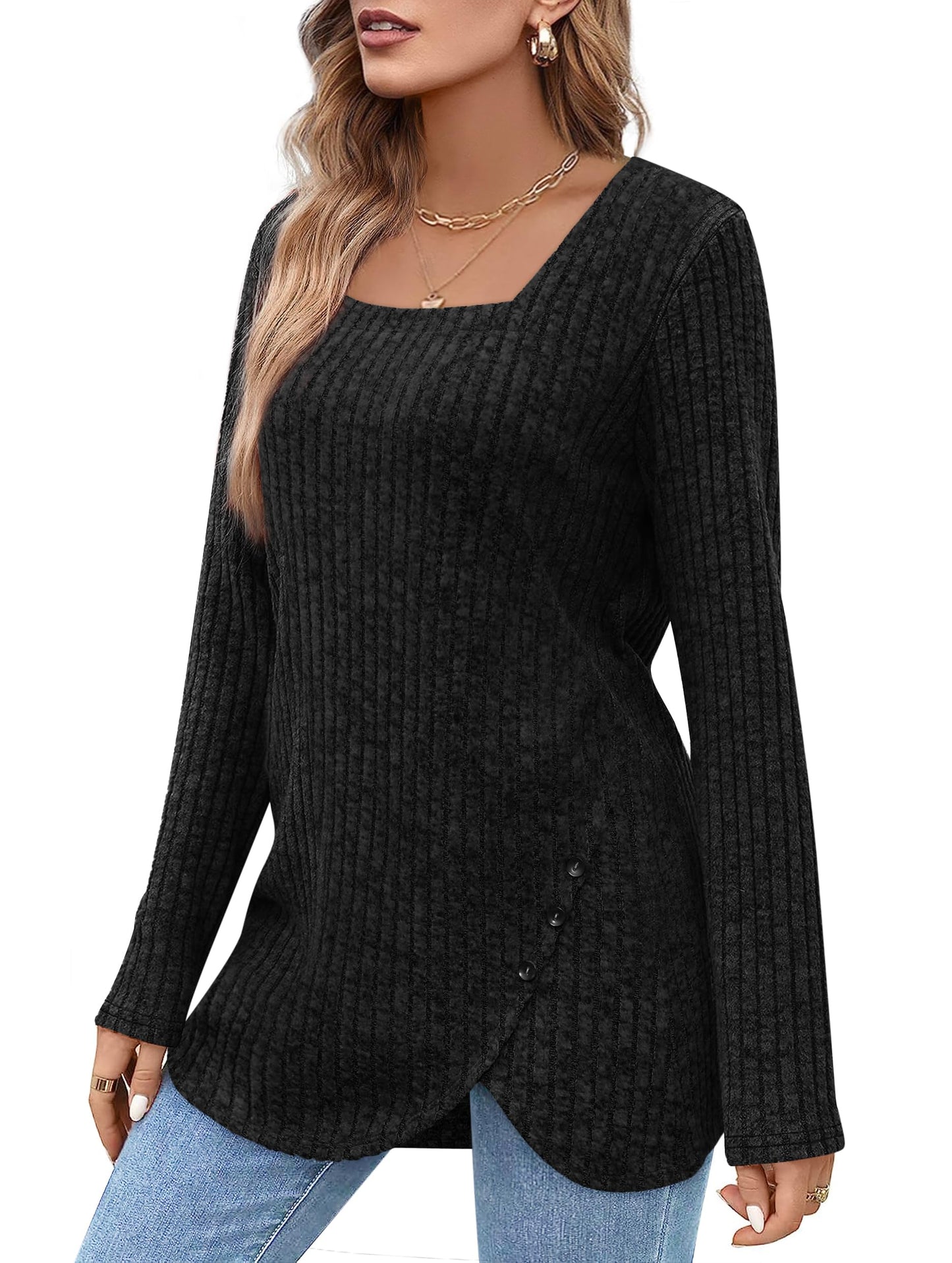 ✨Squared Neck Sweater Ribbed Knit Tunic Tee Shirts(Buy 2 Free Shipping)