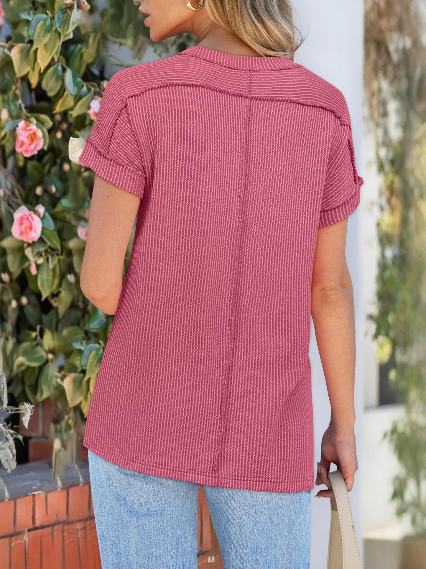 ✨Womens Short Sleeve Crewneck Shirts Ribbed Knit High Low Hem Tops