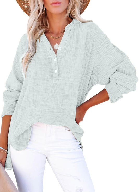 ✨Womens Casual Gauze Button Neck Long Sleeve Oversized BlousesTops(BUY 2 FREE SHIPPING)