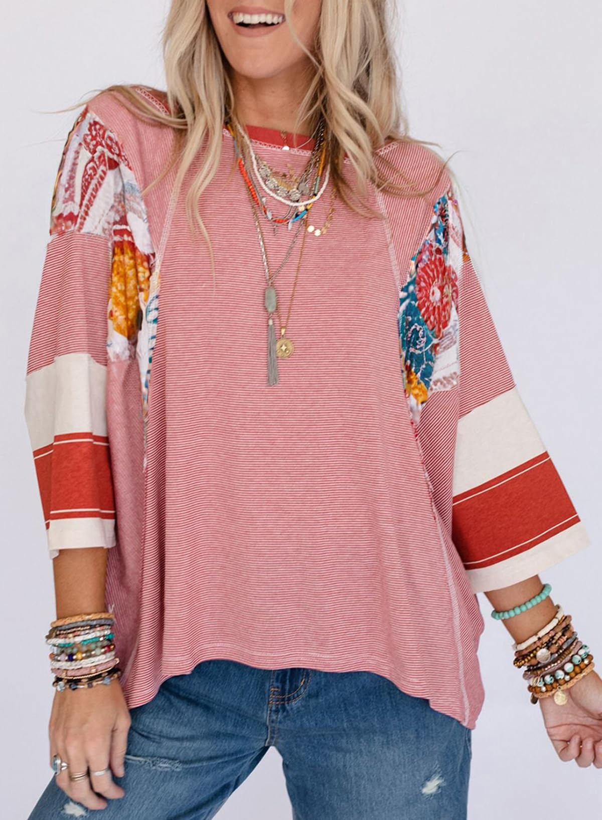 ✨Women's 3/4 Length Sleeve Oversized Striped Patchwork Shirts(buy 2 free shipping)