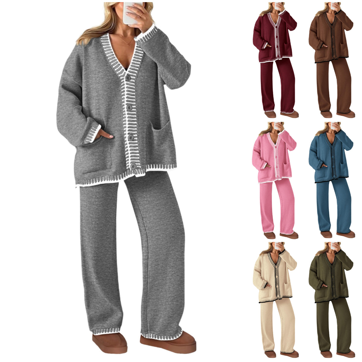 NEW🔥 2024 Women's Cotton Two-Piece Knit Leisure Suit Long Sleeved V Neck Cardigan Sweater Wide Legged Pants Sportswear