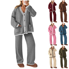 NEW🔥 2024 Women's Cotton Two-Piece Knit Leisure Suit Long Sleeved V Neck Cardigan Sweater Wide Legged Pants Sportswear