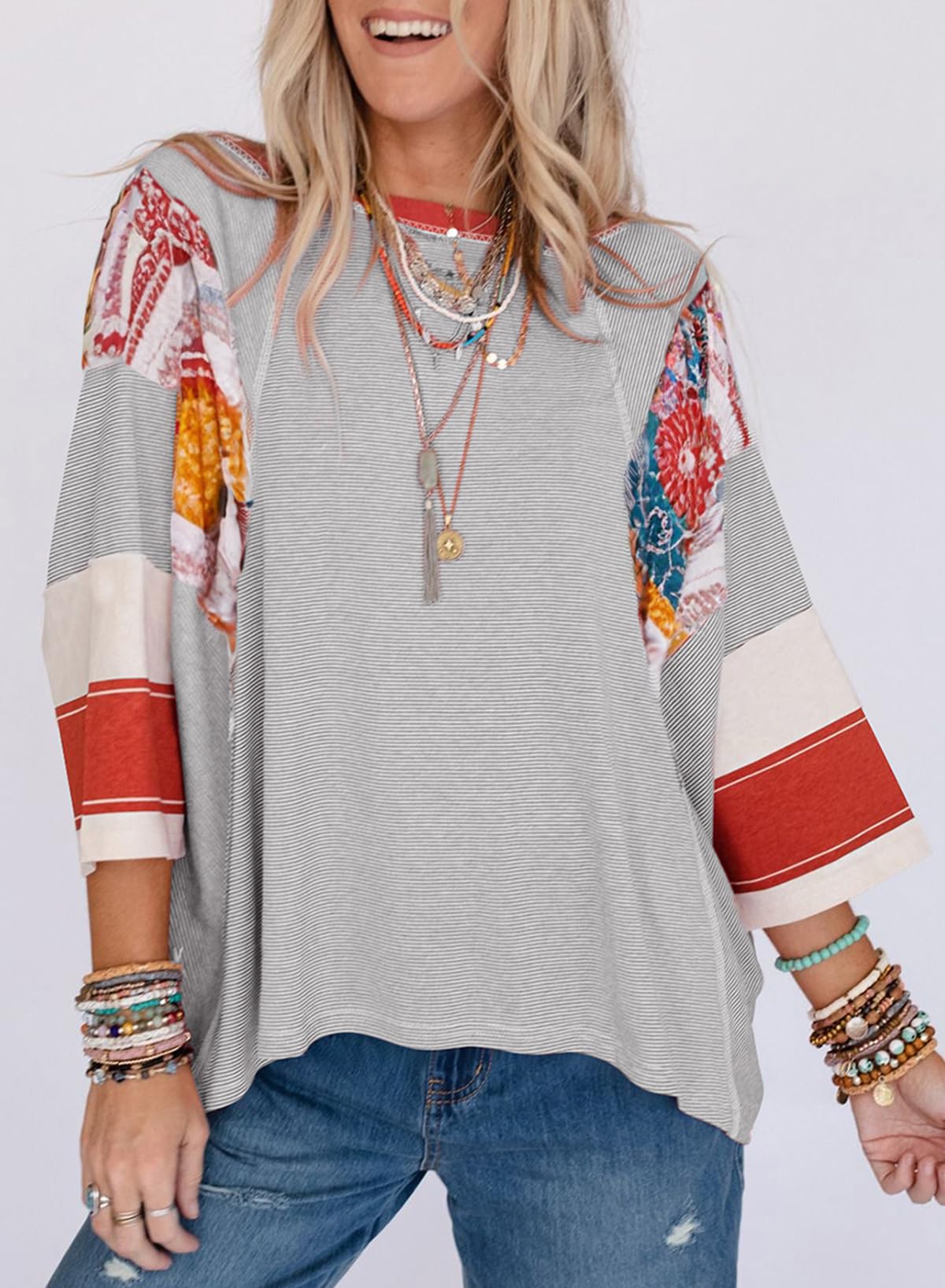 ✨Women's 3/4 Length Sleeve Oversized Striped Patchwork Shirts(buy 2 free shipping)