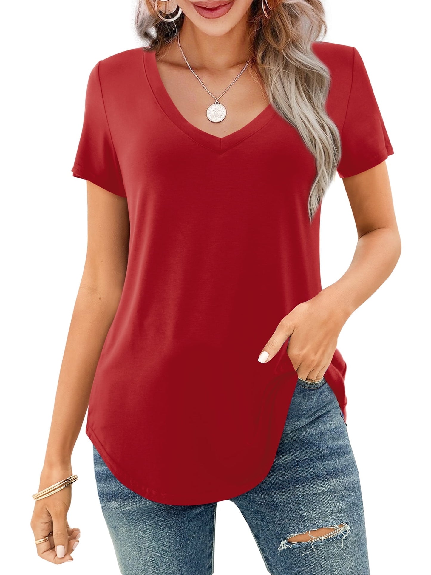 ✨Women's V-neck Short Sleeve Curved Hem Tee Top (Buy 3 Free Shipping)