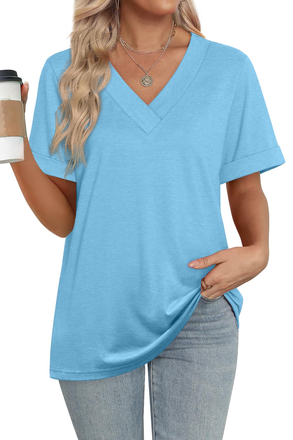 ✨women's Summer Tops Short Sleeve Basic Casual V Neck T Shirts(BUY 3 FREE SHIPPING)