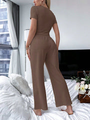 Solid Tee & Tie Waist Wide Leg Pants Lounge Set