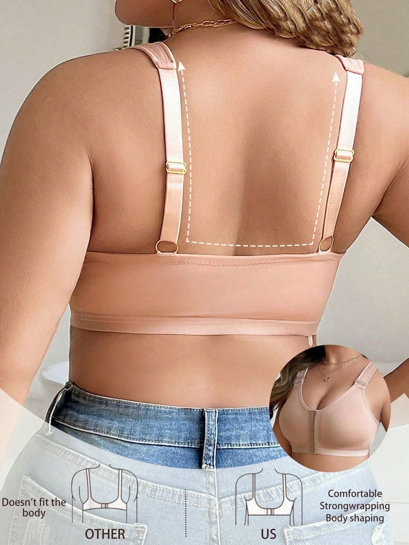 Front-Clasp Plus-Size Wireless Unlined Bra with Pure Color and Delicate Details