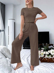 Solid Tee & Tie Waist Wide Leg Pants Lounge Set
