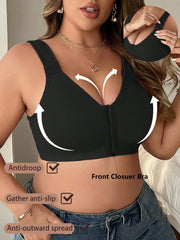 Front-Clasp Plus-Size Wireless Unlined Bra with Pure Color and Delicate Details Black