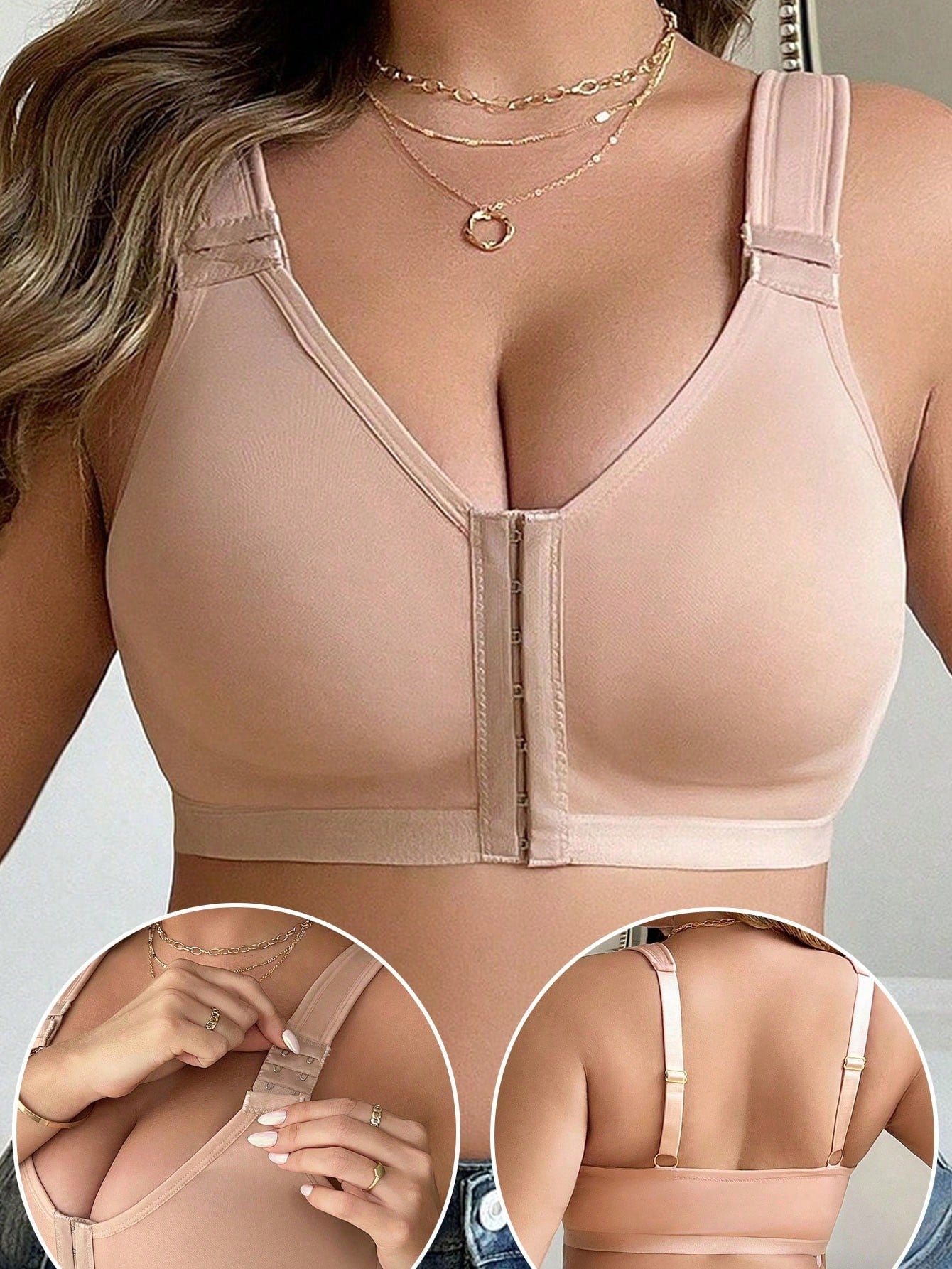 Front-Clasp Plus-Size Wireless Unlined Bra with Pure Color and Delicate Details