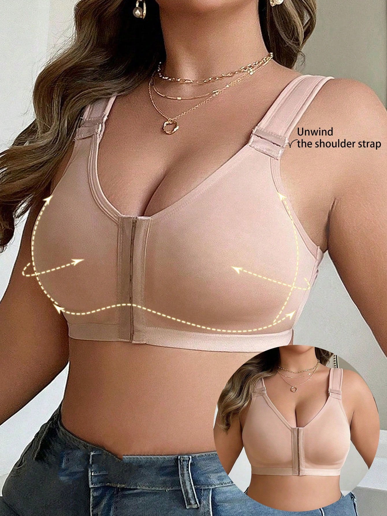 Front-Clasp Plus-Size Wireless Unlined Bra with Pure Color and Delicate Details