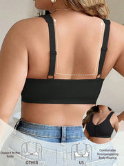 Front-Clasp Plus-Size Wireless Unlined Bra with Pure Color and Delicate Details Black