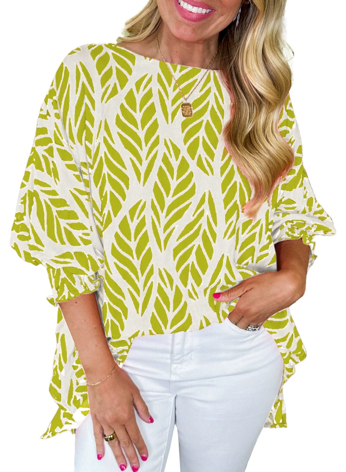 ✨2025 Women Leaf Print Smocked Puff Sleeve Blouse(BUY 2 FREE SHIPPING)