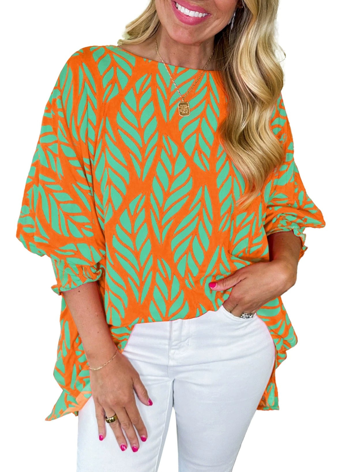 ✨2025 Women Leaf Print Smocked Puff Sleeve Blouse(BUY 2 FREE SHIPPING)