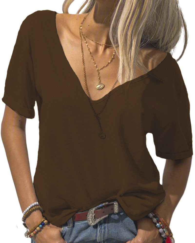 ✨Women's V-neck Solid Color Casual Short Sleeved Basic Top(Buy 3 Free Shipping)