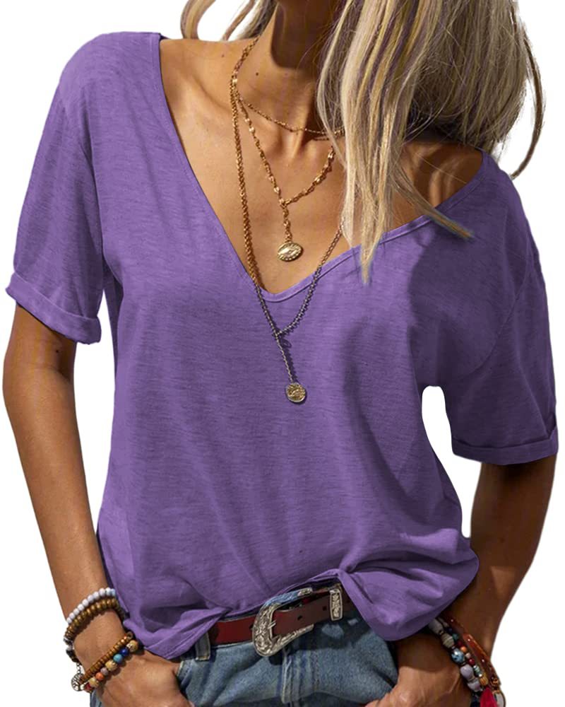 ✨Women's V-neck Solid Color Casual Short Sleeved Basic Top(Buy 3 Free Shipping)