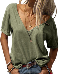 ✨Women's V-neck Solid Color Casual Short Sleeved Basic Top(Buy 3 Free Shipping)