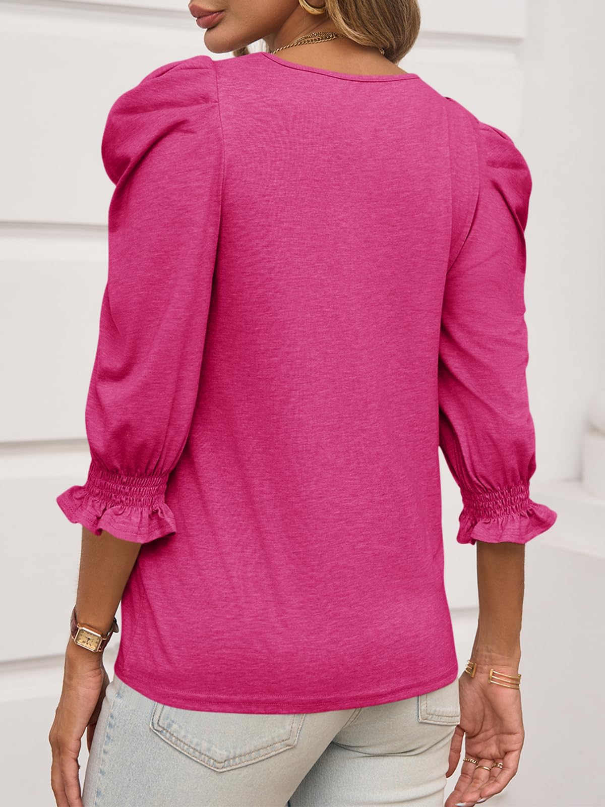 ✨Fall Womens 3/4 Length Puff Sleeve Tops Trendy T Shirts with Smocked Cuffs(BUY 2 FREE SHIPPING)