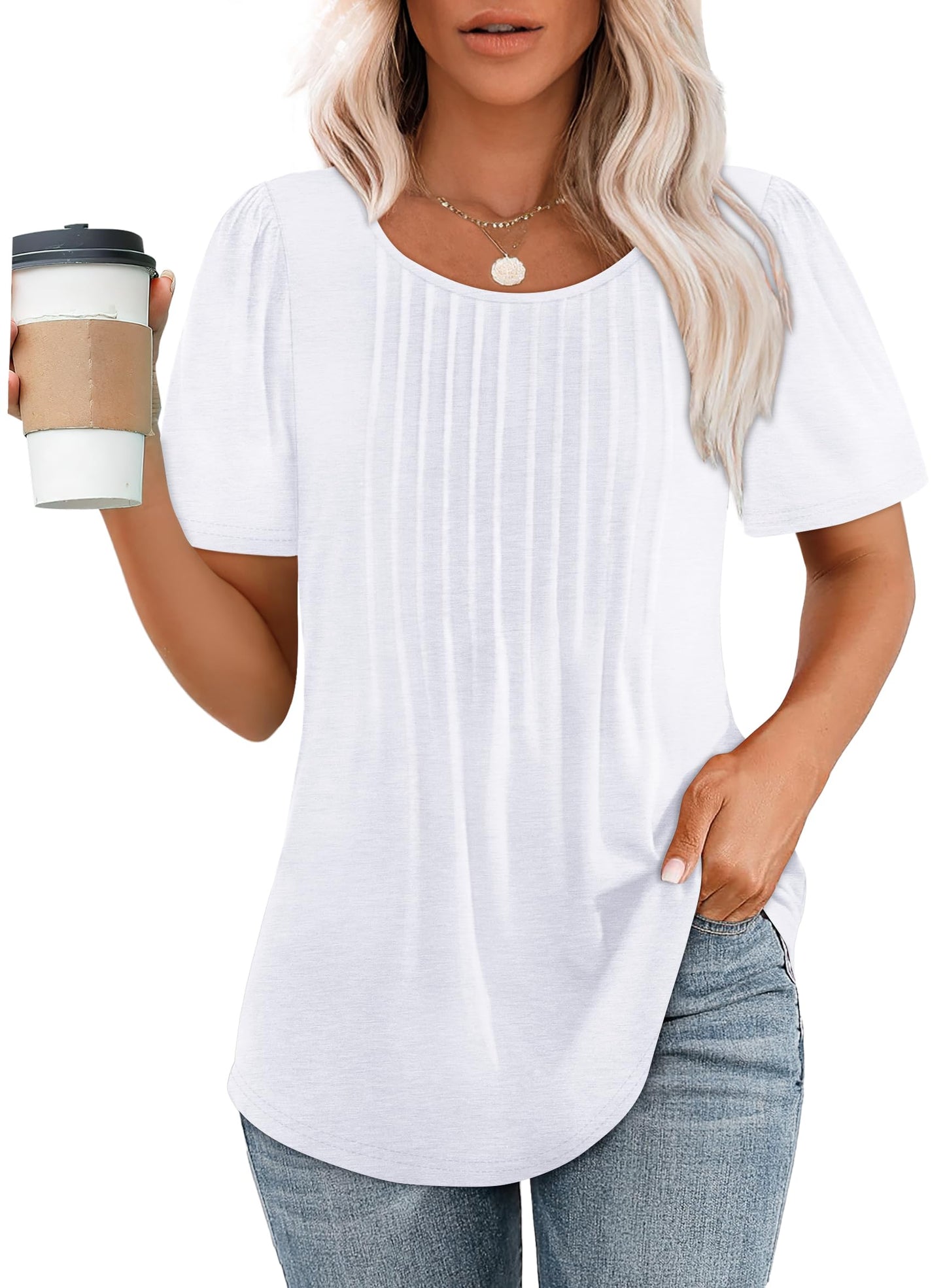 🌞Women's Short Sleeve Pleated Dressy Casual Scooped Neck Tops (Buy 3 Free Shipping)
