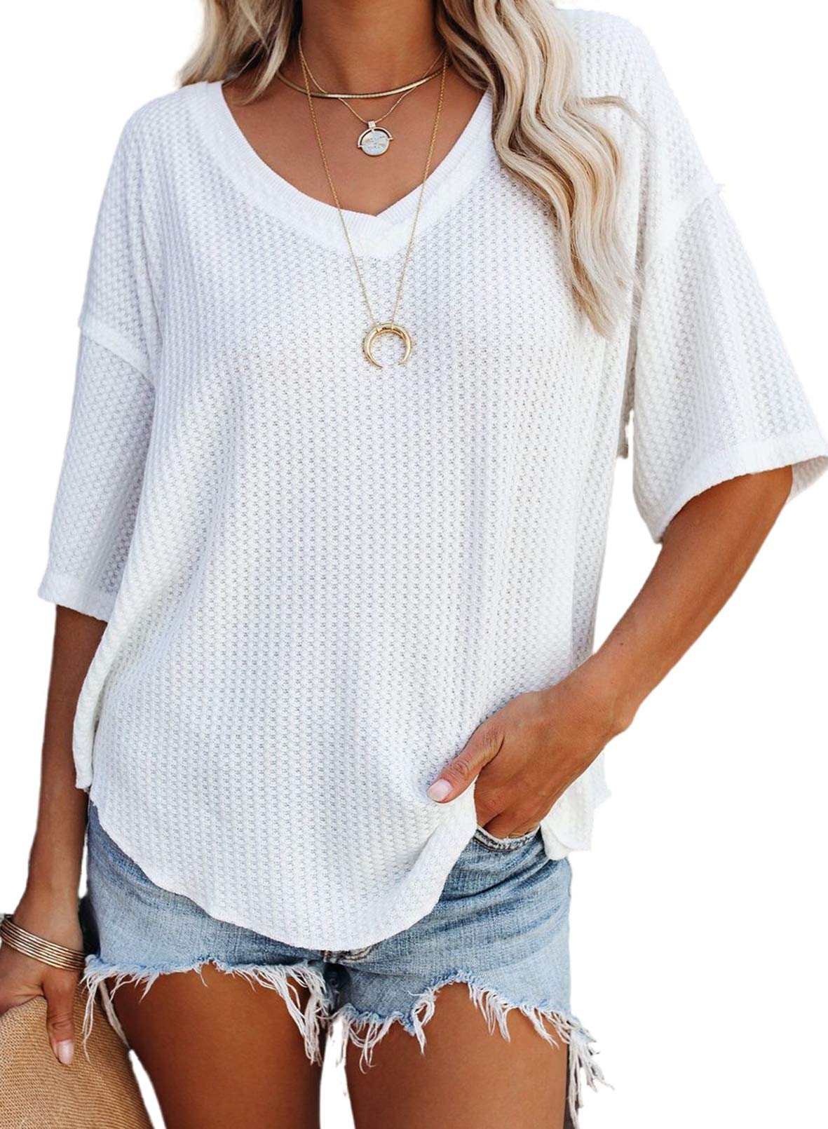 ✨Women's Causual V Neck Short Sleeve Shirts Waffle Knit Loose Tunic Tops(buy 3 free shipping)