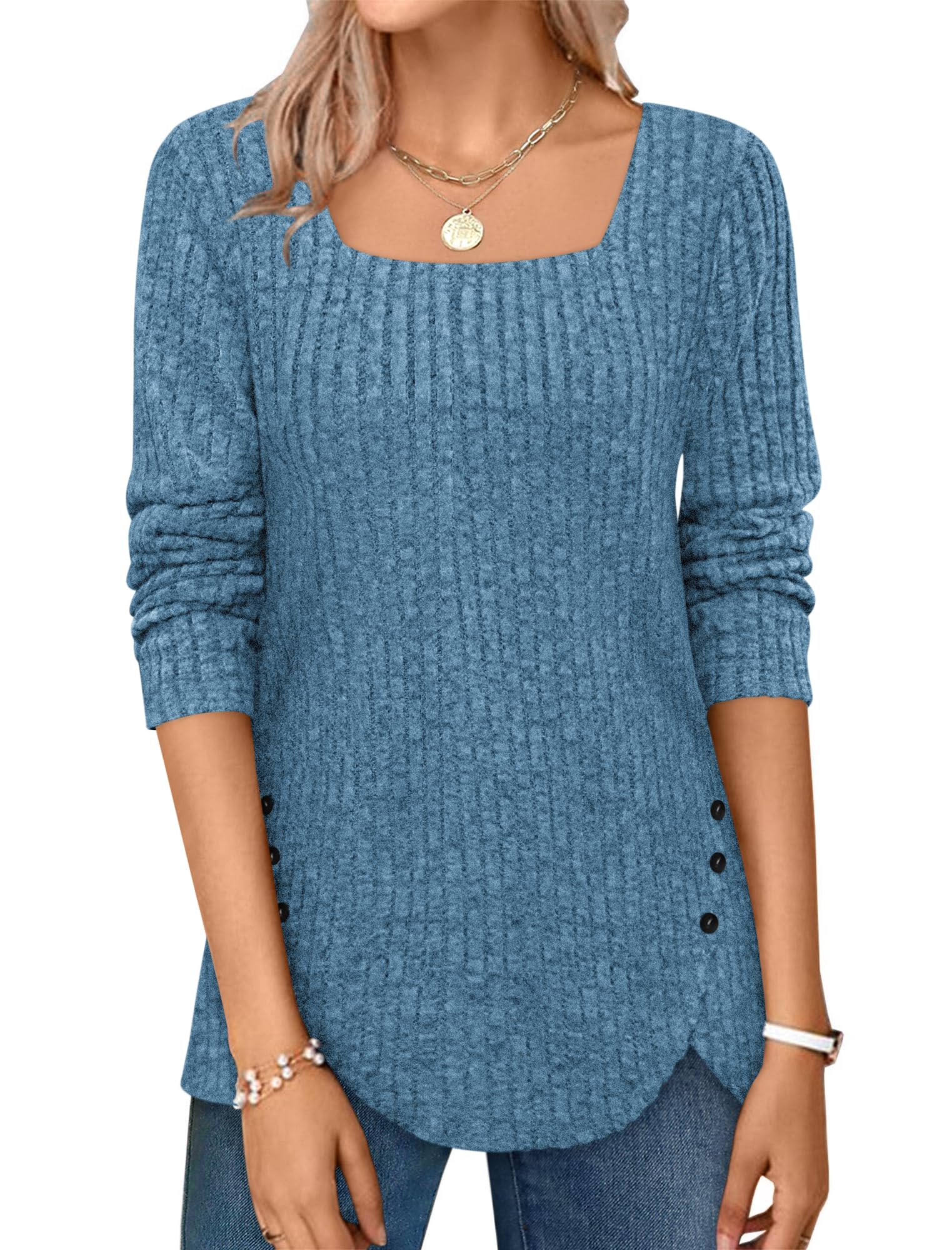 ✨Squared Neck Sweater Ribbed Knit Tunic Tee Shirts(Buy 2 Free Shipping)